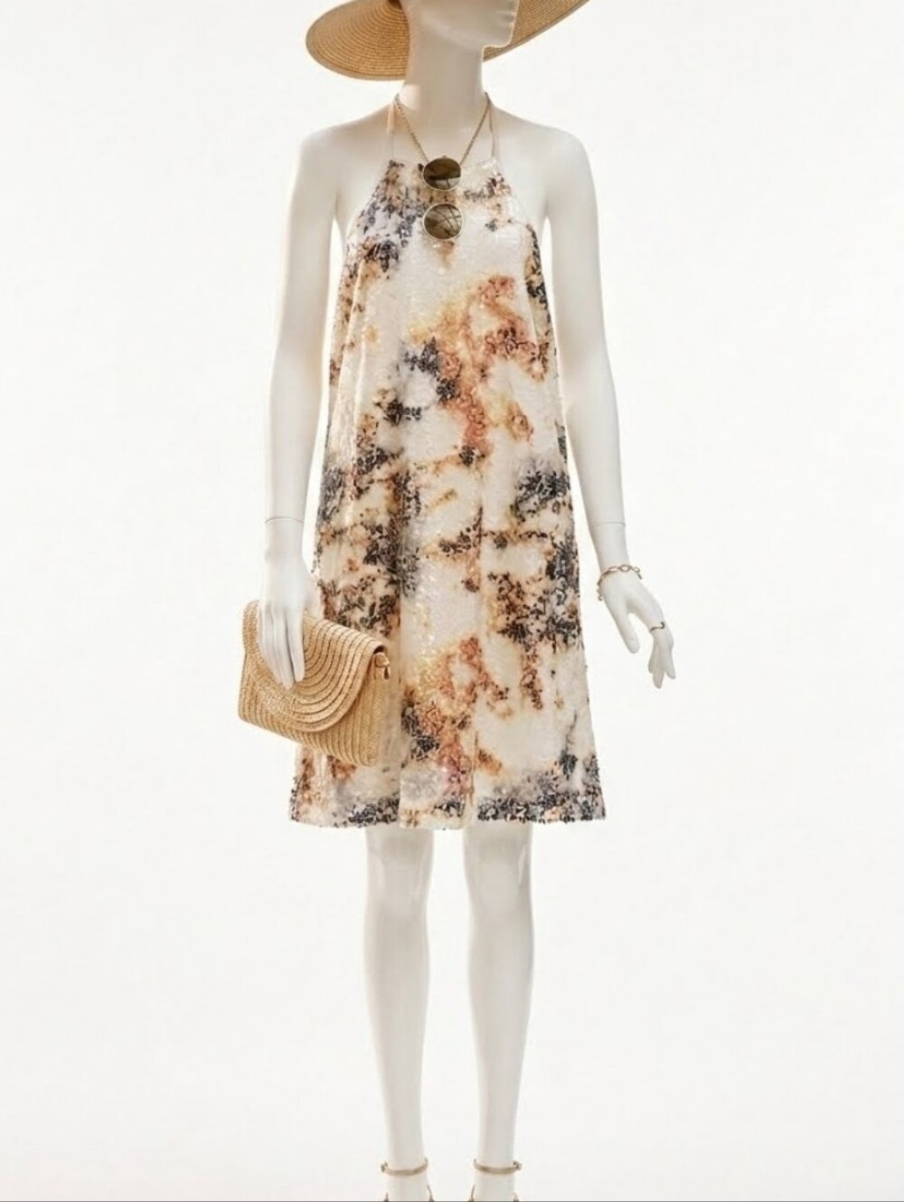 Guess Halter Mini Dress in Cream with Brown & Black Watercolor Print